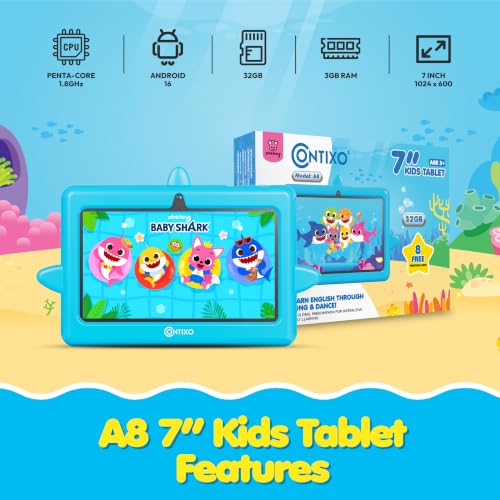 Image of Contixo Baby Shark 7 Inch Kids Tablet, Android 16, 32GB, Ages 3-12, Blue