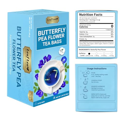 Image of LeafLea Butterfly Pea Flower Tea, 40 Color-Changing Blue Herbal Tea Bags