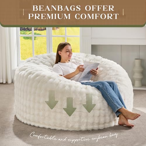 Hobestluk Bean Bag Chairs Beanbag Chair with Filler Adult Bean Bags with Fluffy & Machine Washable Cover, Giant Bean Bag Chairs for Aduts (White, 5FT-50\" x 50\" x 24\")