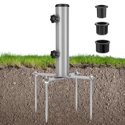 Hammrit Removable Inground Umbrella Stand Anchor with 4 Spike Metal Grass Umbrella Ground Stake Outdoor in Ground Parasol Base Mount Beach Umbrella Sand Anchor Holder for Beach Sand Yard Lawn