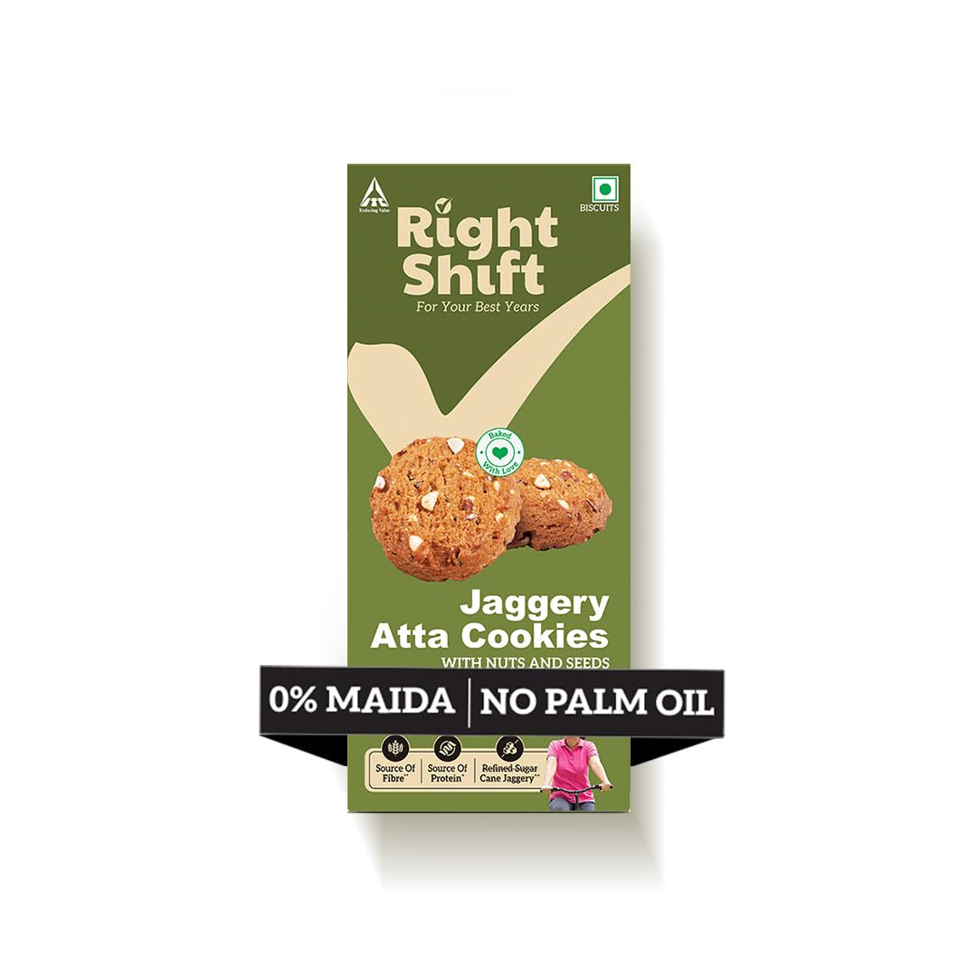 Right Shift Jaggery Atta Cookies, 3 x120g| No Palm oil, Made with Butter | 0% Maida, Refined Sugar| With Goodness of 6 Nuts & Seeds| Anytime Snack-image-45