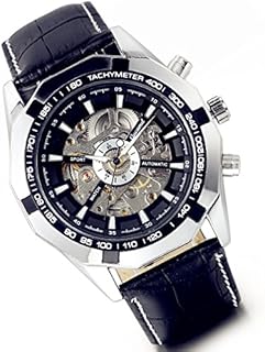 Lancardo Herren mechanische Automatik Business Armbanduhr Skelett Automatikuhr Uhr mit Leder Armband, schwarz Silber