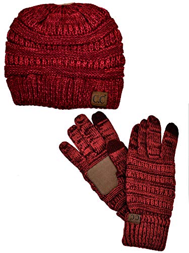 C.C Unisex Soft Stretch Cable Knit Beanie and Anti-Slip Touchscreen Gloves 2 Pc Set, 2 Tone Burgundy