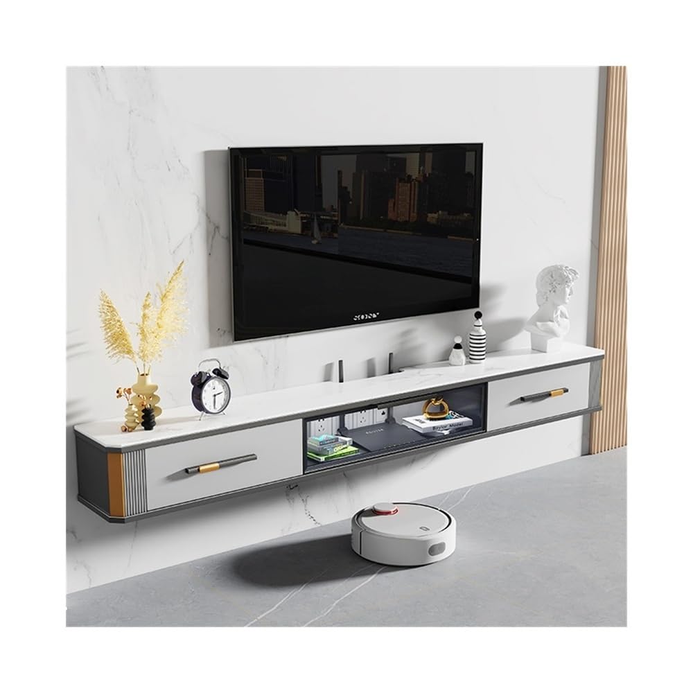 Mobile TV Mobile TV sospeso sotto la TV con ampio spazio di archiviazione, moderna consolle multimediale sospesa di lusso con porta a ribalta in vetro e piano in pietra, 4 colori Used for living room(