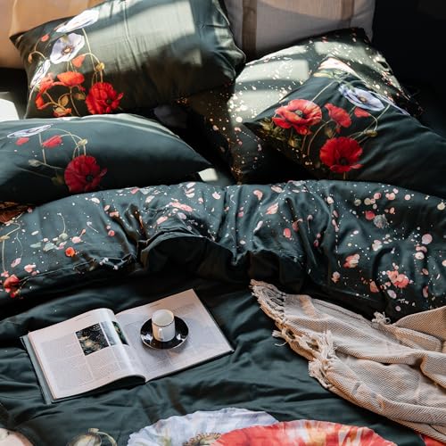 Image of Digitally Printed Premium Bedsheet Set | 300 TC 100% Cotton 1 King Bedsheet Set | Extra Smoothness with Sateen Weave| Poppy Bloom Bedsheet Set (1 Flat Sheet + 2 Pillow Cases)