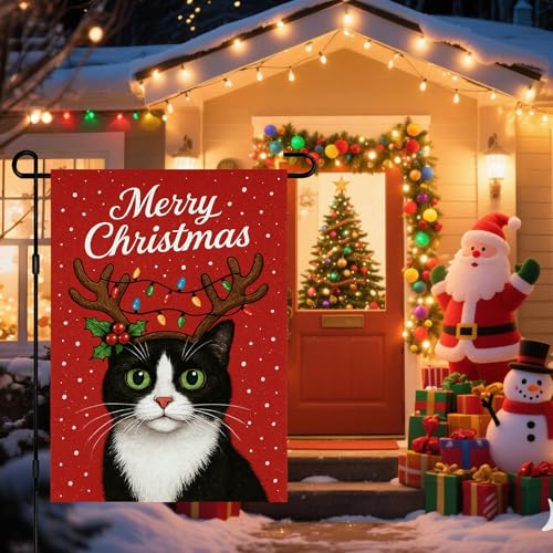 Image of BlissYard Christmas Garden Flag 12x18 Inch Tuxedo Cat Holiday Yard Flag with Reindeer Antlers Double Sided Winter Cat Banner for Outdoor Lawn Patio Decor