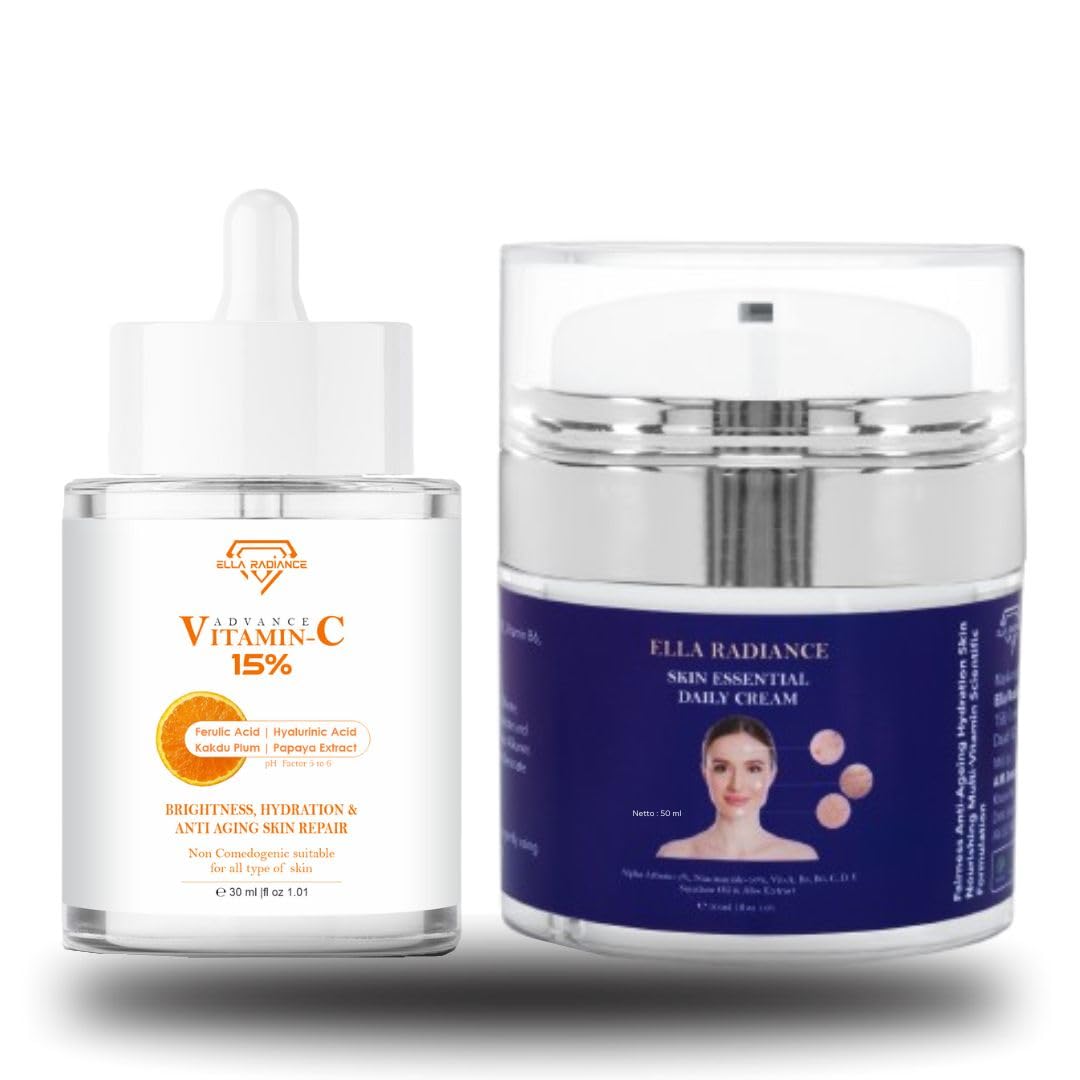 Ella Radiance Brightening Face Care Combo | Vitamin C Serum 15% (30ml) + Hydrating Moisturizer (50ml) | Fades Dark Spots, Evens Skin Tone & Boosts Glow | With Niacinamide, Hyaluronic Acid & Arbutin | For All Skin Types