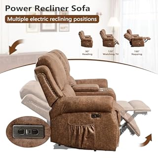 HAOMARKETS 3-Piece Power Reclining Sofa Set for Living Room, Included 2 Faux LeatherElectric Recliners with Massage & Heat, and 3-Seater Recliner Couches with Rivets, Brown