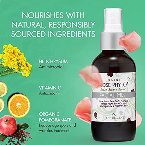 Peak Scents - Organic & Vegan Rose Phyto³ Water Facial Spray - Moisturizing Face Mist & Setting Spray, Soothing, Hydrating Mist Rose Water For Face - Great For Facial Massaging (4 Oz) #TOP5