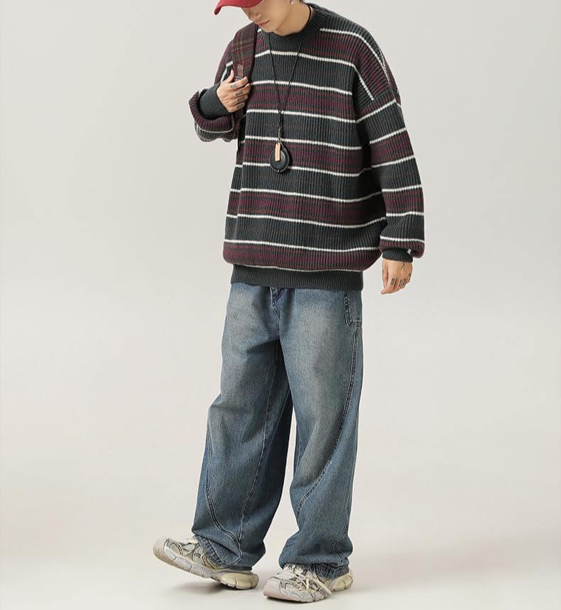 POHADON Mens Y2k Striped Sweater Vintage Aesthetic Grandpa Knitted Pullover Tops Long Sleeve Crewneck Women Grunge Clothes - Image 4