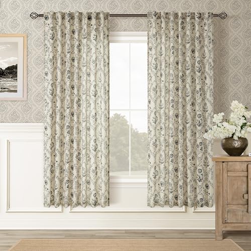 Image of Greenish Charcoal Floral Linen Semi Sheer Curtains 72 Inch Length 2 Panels | 72 Inches Long, Back Tab, Rod Pocket, Farmhouse, Boho, Flower Plant, Cottage Core Cabin Window Drapes, Living Room Bedroom