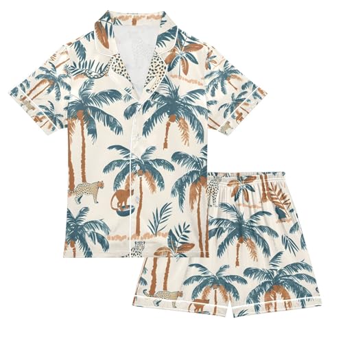 senya Tropical Asian Leopard Satin Summer Pajama Sets Silk Short Sleeve Button Down Sleepwear