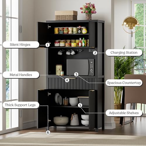 Image of Lulive 71 inch Fluted Pantry Cabinet with Charging Station, Black | Adjustable Shelves, Open Countertop, Drawer, Spacious Kitchen Storage
