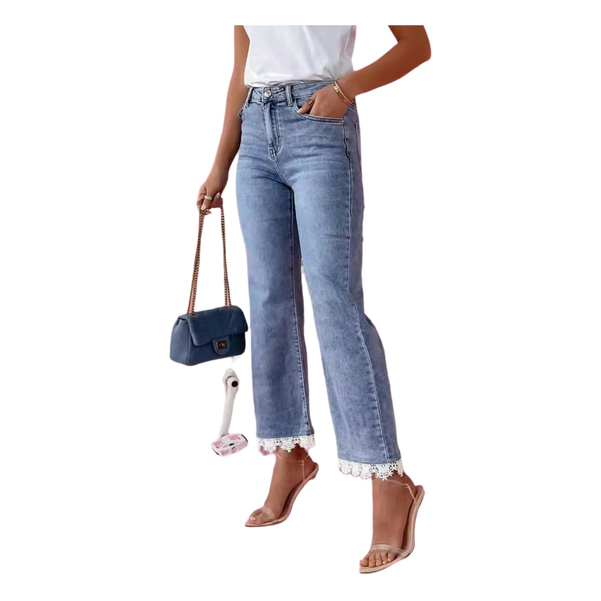 Jeans da Donna Pantaloni A Zampa Slim Vita Alta con Finiture in Pizzo-Azzurro-XXL