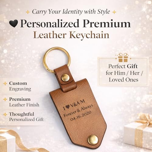 Image of Personalised Leather Keychain with Custom Name & Picture, Unisex, Modern Style, Customisable (TAN)