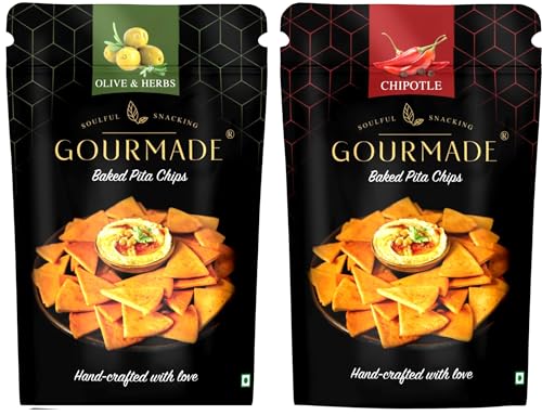 Image of Gourmade Soulful Snacking Pita Chips Olive & Herbs and Chipotle | Baked Pita Bread | Baked, 250g(each Pack 125g) |Dip Starter |Travel Snack|Mediterrianean Pita Bread |Nachos & Tortillas