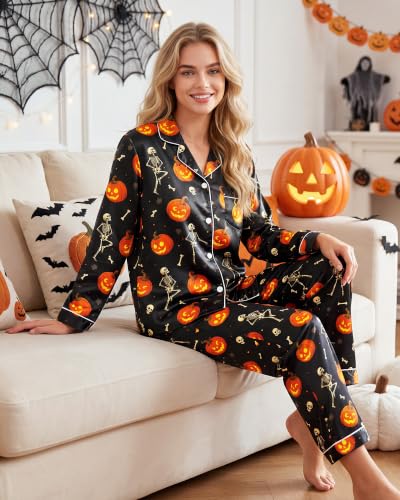 Image of Silky Pajamas for Women 2 Piece Long Sleeve Pj Sets Women's Satin Sleepwear Button Down Loungewear Set