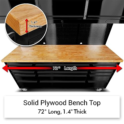 CT Copper Tailor 72-inch Tool Chest Cabinet Mobile Garage Workbench with 15 Storage Drawers and Wheels, 3 Upper Cabinet, Pegboard, Steel Large Tool Box, Black
