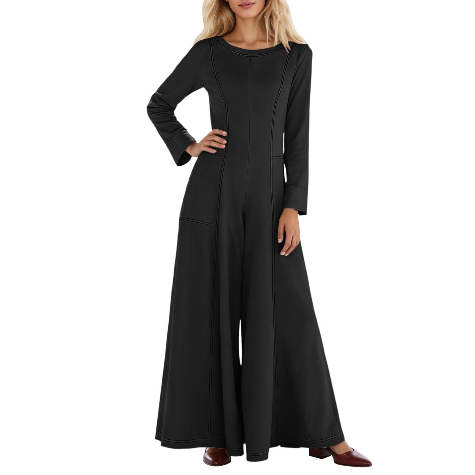 Mono Elegante de Manga Larga con Diseño de Bloques de Color Contraste y Corte Wide Leg para Mujer
