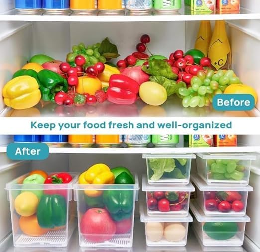 Image of LEMBOSE Fridge Storage Containers (Pack of 2) with Removable Drain Plate & Secure-Sealing Lids, Fridge Storage Boxes Keep Fruits, Vegetables Fresher, Container Box, 1500 ML (Transparent)