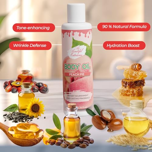 Image of Body oil designed for Deep Hydration to nourish, protect, and rejuvenate the skin while leaving it with a soft, radiant glow and a peach scent long -lasting fragrance jojoba oil and more 6.76oz
