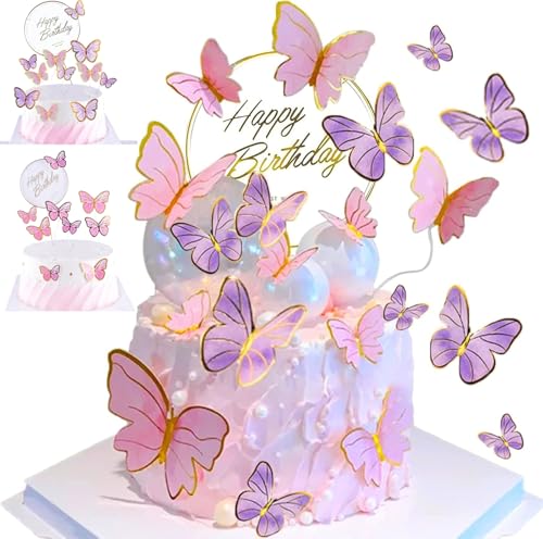YSTrillion 23 peças borboletas decoração para bolos, 3D ornamentos pastel festas para meninas aniversários, dia dos namorados casamentos, cupcakes, alimentos (rosa, roxo)