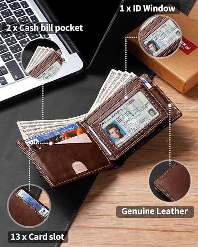 Image of Artpaxy Mens Wallet Bifold Genuine Leather RFID Blocking Wallet for Men with 1 ID Windows 13 Card Holders 2 cash pockets 1 Gift Box
