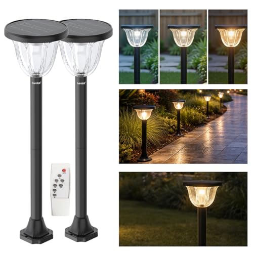 Image of hardoll Solar Gate & Garden Outdoor Lights for Home 4000 mAh LiFePO4 Battery,72 LEDs, IP65 Waterproof,3 Color Modes (Warm /Cool /Neutral), Remote Controlled, Pillar Lamps with Pole (Pack of 2)