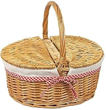 Woodluv Oval Natural Willow Wicker Picnic Hamper Shopping Storage Basket W/Handle - 41cm x 30.5cm x 37H cm