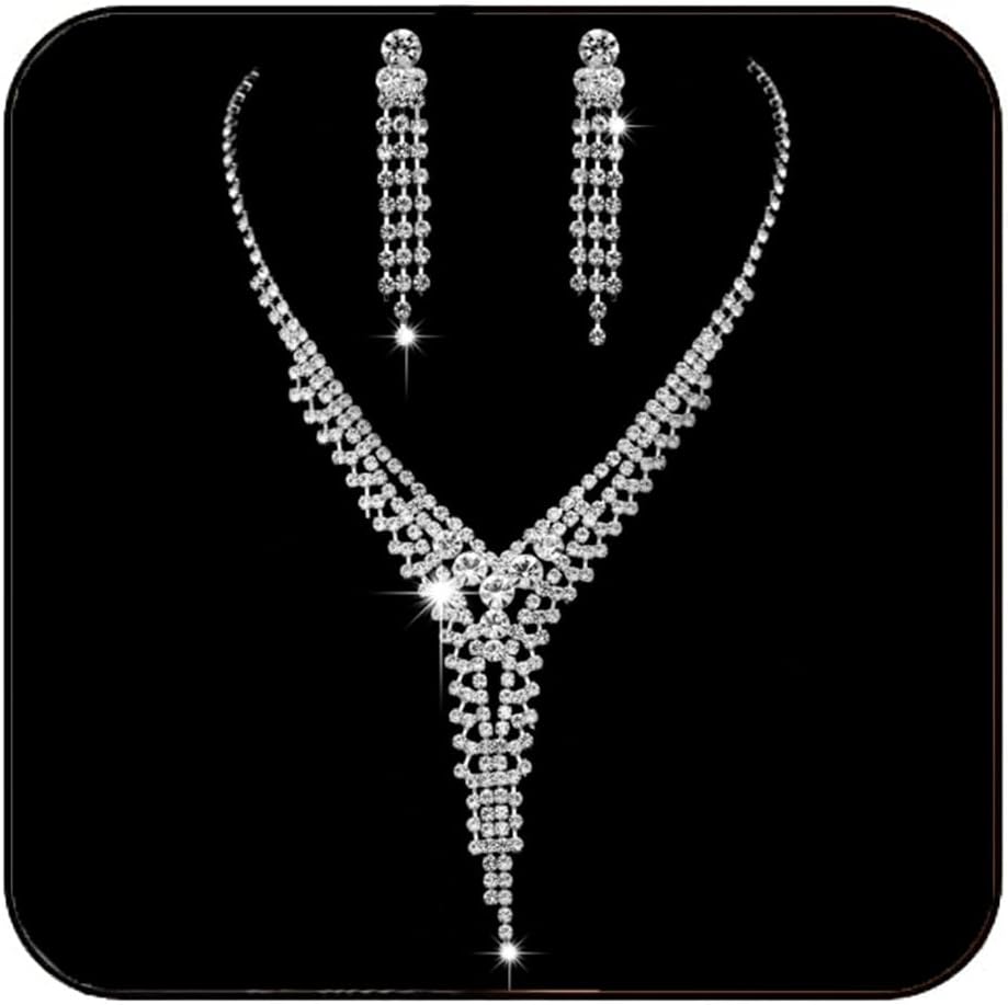 Yean Silver Bride Wedding Jewelry Set Crystal Bridal Necklace Earrings Sets Rhinestone Bridesmaid Party Choker Necklace Drop Dangle Earrings Set for Women