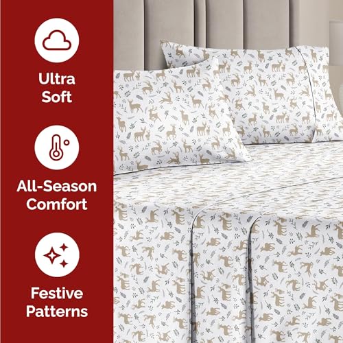 Cal King Christmas Reindeer Sheet Set - Holiday Xmas Pattern Bedding Set - Deep Pockets - Snug Fit - 4 Piece - Wrinkle Free - Cozy Cooling Festive Winter - Holiday Sheets for Women, Men, Kids & Teens