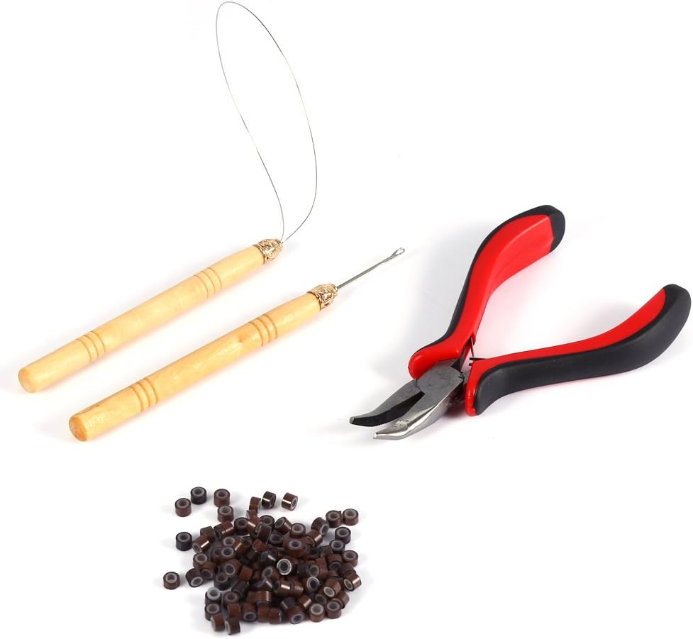 100PCS Silicone Beads Hair Extension Micro Rings + Hook Needle + Pulling Loop + Plier Tool Kit