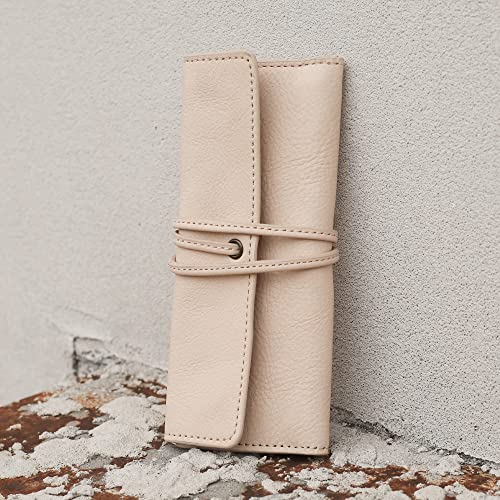 Image of ZLYC Handmade Leather Pencil Case Soft Roll Bag Stationery Gift, Beige | multi slot pen storage design,school class daily use,office desk organizer,graduation holiday gift,foldable portable size