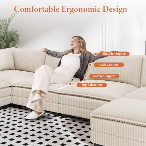 Image of Vesgantti 109 inch U Shaped Cloud Sectional Sofa, Comfy Corduroy Upholstered Sectional Modular Sofas for Living Room, Modern Modular Couch with 2 Ottoman Deep Seat, Beige