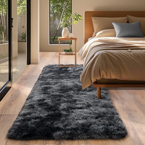 Tie-Dyed Black Rugs for Bedroom 2x6 ft - Ultra Soft Faux Fur Area Rug - Plush Non-Slip Shaggy Carpet for Living Room, Cozy Fluffy Rug for Kids Boys Girls Dorm Nursery Room, High Pile Floor Carpet