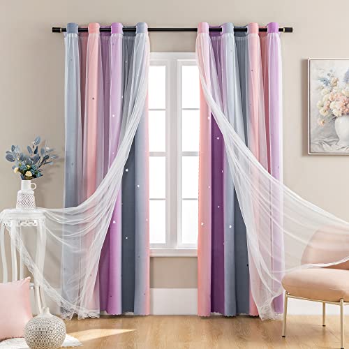 Image of XiDi Dream Star Blackout Curtains for Kids Rooms Girls Princess Curtain for Bedroom Window 84 inches Long (Grey Pink Purple, W52 X L84)