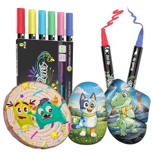 Desire Deluxe Rotuladores de Pintura Acrílica para Piedras, Cerámica, Vidrio, Madera - Marcadores a Base de Agua No Tóxicos - Excelente Material de Arte para Artistas (Doble Punta Multicolor, 6)