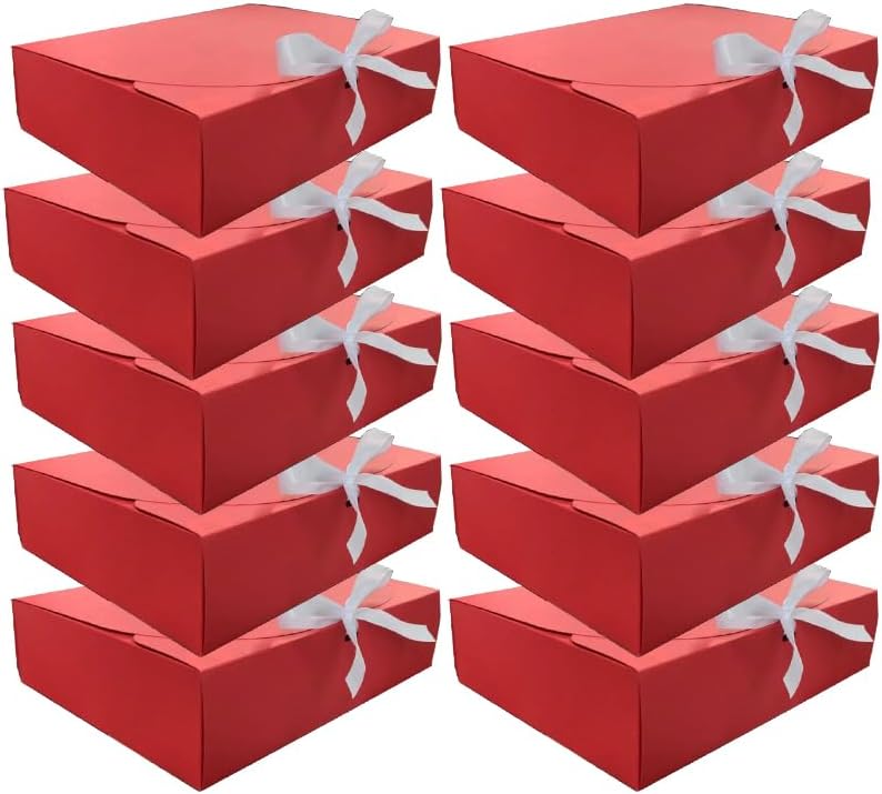 10pack 12.2x 9.84x 3.14 inches Gift Boxes with Lids, White Gift Boxes Bulk with Gold Bow Ribbon,Bridesmaid Proposal Box for Presents Kraft Paper for Wedding,Christmas,Halloween,Baby Shower(Red)