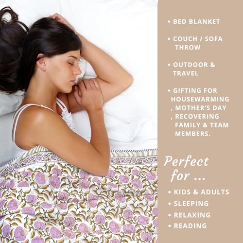 Image of TOAIArt Premium Jaipuri Dohar | AC Blanket Summer Quilt | Hand Block Printed | 3 Layers | Reversible | 150GSM 100% Mulmul Cotton | 100% Cotton Flannel Filling | Single 60 inch X 90 inch|Round Florals Leaves
