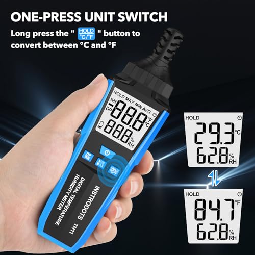 Image of Temperature Humidity Meter, High Precision Digital Hygrometer with Ambient, Dew Point, Wet Bulb Temperature for Indoor Outdoor, Thermometer with Min /Max, Data Hold, LCD Backlight, TH11