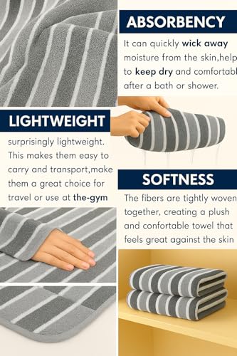 Image of Cortina Stripe Printed Microfiber Towels for Bath Large Size-Super Soft Coral Fleece Bathing Towel with Hook Quick Dry Super Absorbent-Bath Towel for Men and Women-70x140 cm [ Grey ]