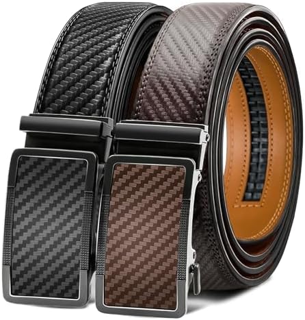 Ratchet Belts for Men - 2 Pack Leather Belts for Men, Easy to Slide Adjustable, Trim to Fit, Dress&Casual (1 3/8
