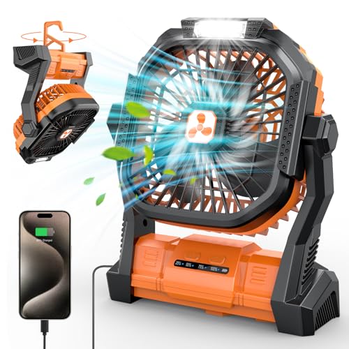 PDBEST Ventilador Portátil de 20000 mAh, Ventilador USB con Linterna LED, Ventilador de Mesa con Batería y Puerto Type-C, Ventilador Recargable Perfecto para el Camping, los Viajes y la Playa Naranja