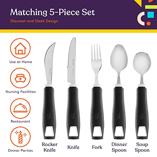 Special Supplies Adaptive Utensils 5-Piece Set Non-Weighted, Non-Slip Handles for Hand Tremors, Arthritis, Parkinson’s or Elderly Use - Stainless Steel Knife, Rocker Knife, Fork, Spoons (Black) - Image 4