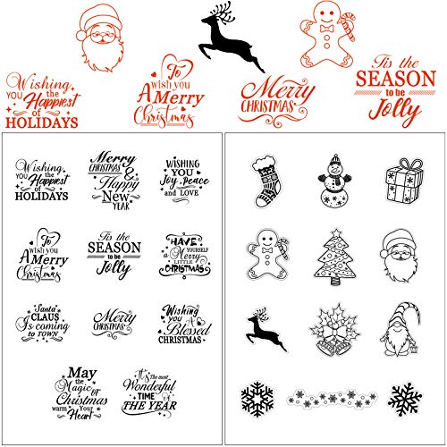 Merry Christmas Theme Clear Stamps New Year Clear Craft Stamps Blessing Words Clear Stamps Christmas Pattern Santa Claus Card Stamps for Card Making Scrapbooking, 23 Designs in 2 Sheets