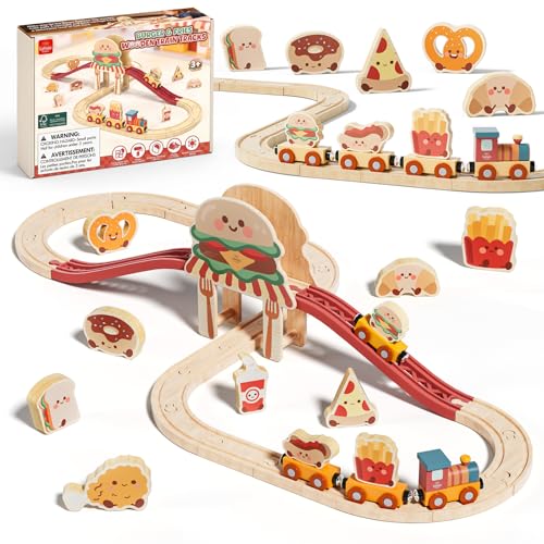 Lehoo Castle Tren Madera Juguete, Hamburguesa Juguete de Tren con Pizza, Patatas Fritas y Accesorios, Juguetes Niñas 3 Años, Compatible con Thomas, Brio y Hape
