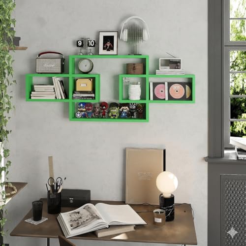 Image of Wooden Wall Shelves for Living Room, Bedroom Wall Mounted Rectangle Bookcase, Intersecting Wall Shelves for Storage Modern Decorative Display Shelves for Wall Decor (Green)