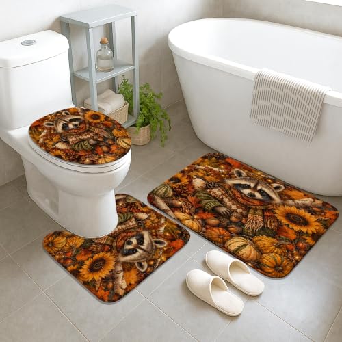 Rideau de douche rustique haut de gamme jaune automne motif raton laveur et tapis