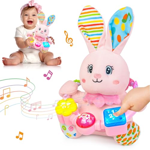 Image of Ryotagift Baby Bilingual Musical Rabbit Stuffed Animals Toys,Infant Early Learning Toy with Light-Up Music & Crinkle,Tummy Time Toys for 0 3 6 9 12+ Months for Baby Boy Girl Gift,Pink