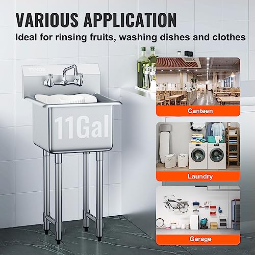 VEVOR Stainless Steel Prep & Utility Sink, 1 Compartment Free Standing Small Sink Include Faucet & legs,commercial Single Bowl Sinks for Garage, Restaurant, Kitchen, Laundry